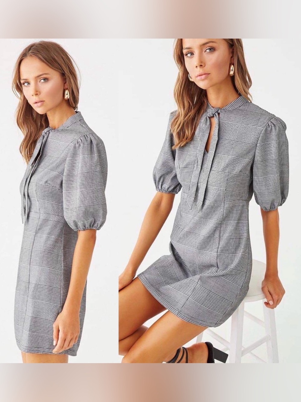 Gray Plaid Tie-Neck Short Sleeve Dress